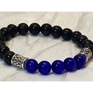 Blue Cat’s Eye & Black Stone Beaded Bracelet – Handmade | Stretch Fit | 6.5"